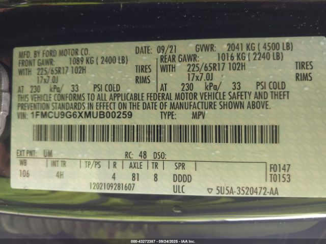 2021 FORD ESCAPE 1FMCU9G6XMUB00259 Photo 8