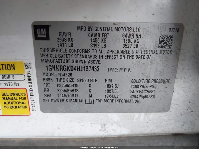 1GNKRGKD4HJ137432 Chevrolet llt - sidi: spark ignited direct injection, alum, 60 degrees