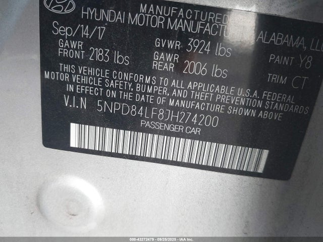 5NPD84LF8JH274200 Hyundai mpi nu