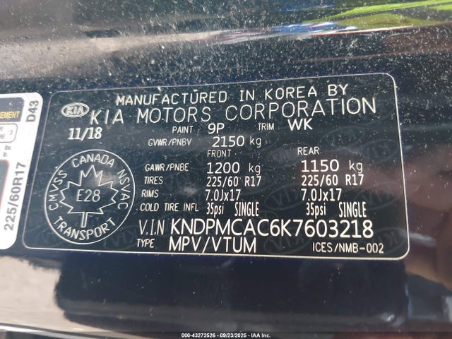 43272526 :رقم المزاد ، KNDPMCAC6K7603218 vin ، 2019 Kia Sportage Lx مزاد بيع