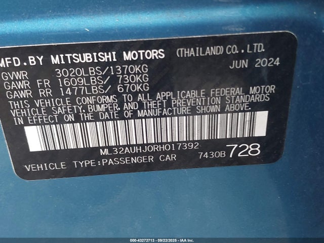 Продаж на аукціоні авто 2024 Mitsubishi Mirage Es/le, vin: ML32AUHJ0RH017392, номер лоту: 43272713