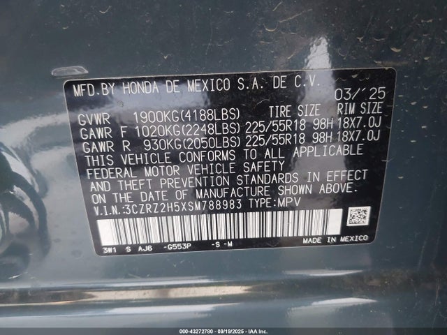 3CZRZ2H5XSM788983 Honda k20z5