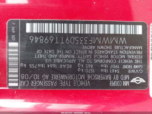 2009 MINI COOPER WMWMF33509TT69846 Photo 8