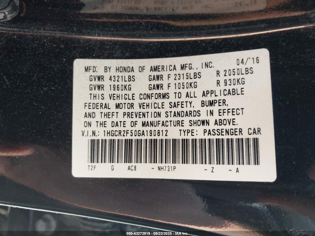 Honda k24w1 2016 1HGCR2F50GA190812 Image 9