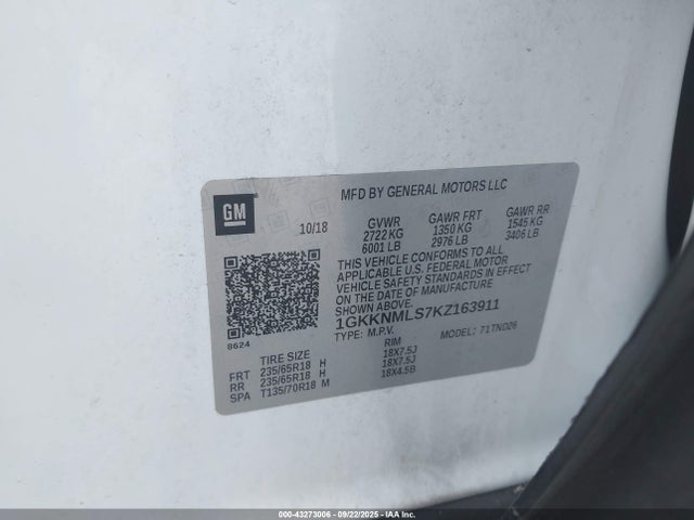 1GKKNMLS7KZ163911 GMC lgx - direct injection, variable valve timing, alum, gen 2