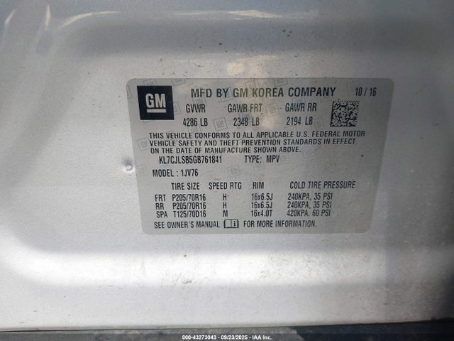 Chevrolet luv - mfi, vvt, alum, gme e85 max 2016 KL7CJLSB5GB761841 Image 9
