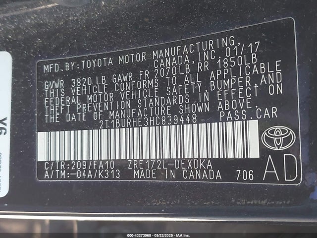 Toyota 2zr-fe 2017 2T1BURHE3HC839448 Image 9