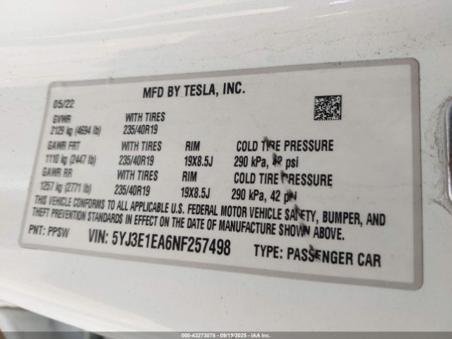 2022 TESLA MODEL 3 5YJ3E1EA6NF257498 Photo 8