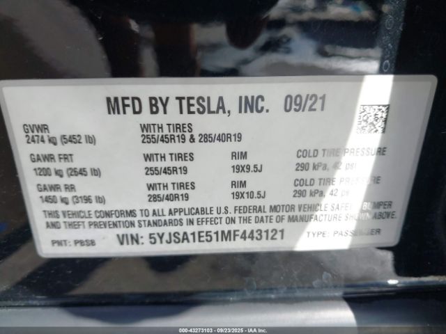 2021 TESLA MODEL S 5YJSA1E51MF443121 Photo 8