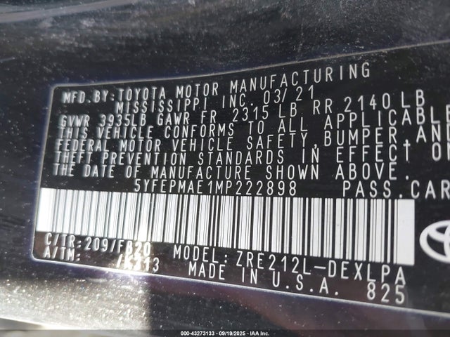 Toyota 2zr-fae 2021 5YFEPMAE1MP222898 Image 9