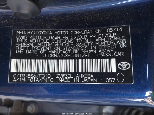 JTDKN3DUXE0381291 Toyota Prius Two