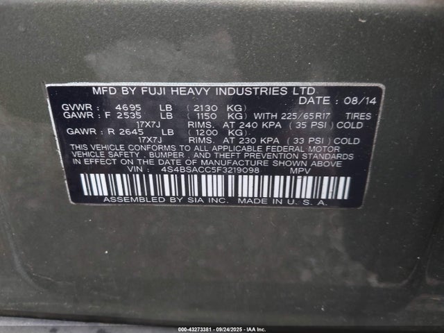 Продажа на аукционе авто 2015 Subaru Outback 2.5i Premium, vin: 4S4BSACC5F3219098, номер лота: 43273381