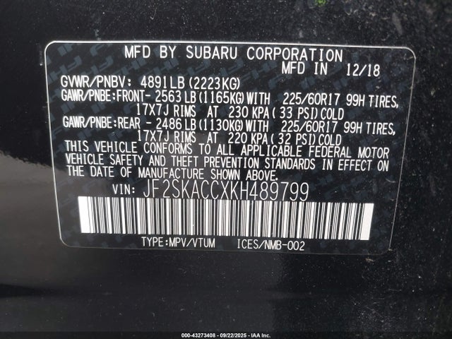 Subaru naturally aspirated u5 2019 JF2SKACCXKH489799 Image 9