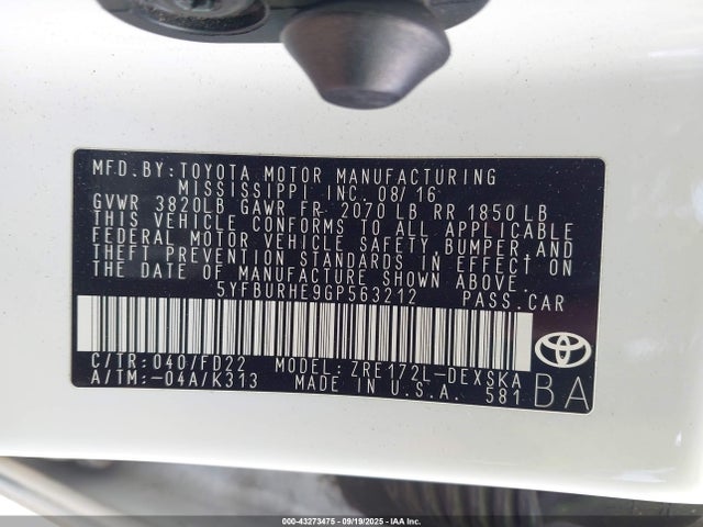 5YFBURHE9GP563212 Toyota 2zr-fe