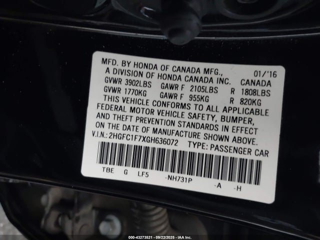 2HGFC1F7XGH636072 Honda l15b7