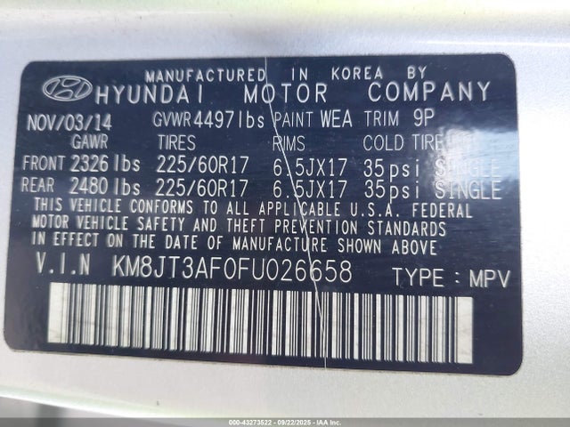 Hyundai dohc gdi nu 2015 KM8JT3AF0FU026658 Image 9
