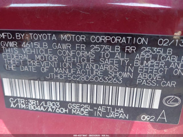 Продажа на аукционе авто 2013 Lexus Is 250, vin: JTHCF5C28D5063263, номер лота: 43273647