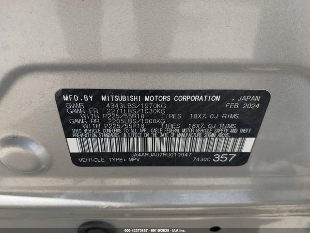 2024 Mitsubishi Outlander Sport 2.0 Es /2.0 Le /2.0 Ralliart /2.0 S /2.0 Se /2.0 Trail Edition /es/le/ralliart/s/se/trail Edition მანქანა იყიდება აუქციონზე, vin: JA4ARUAU7RU010947, აუქციონის ნომერი: 43273657