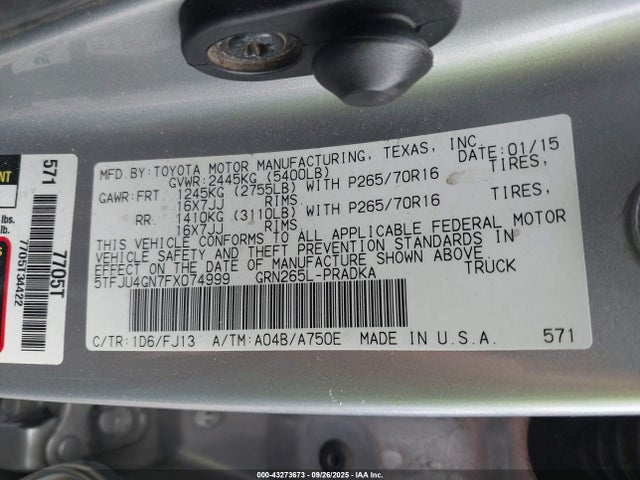 Toyota 1gr-fe 2015 5TFJU4GN7FX074999 Image 9