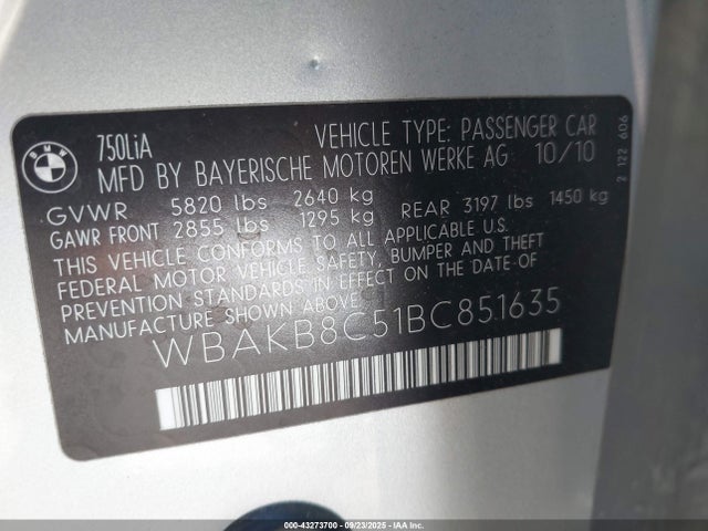 Продажа на аукционе авто 2011 Bmw 750li, vin: WBAKB8C51BC851635, номер лота: 43273700