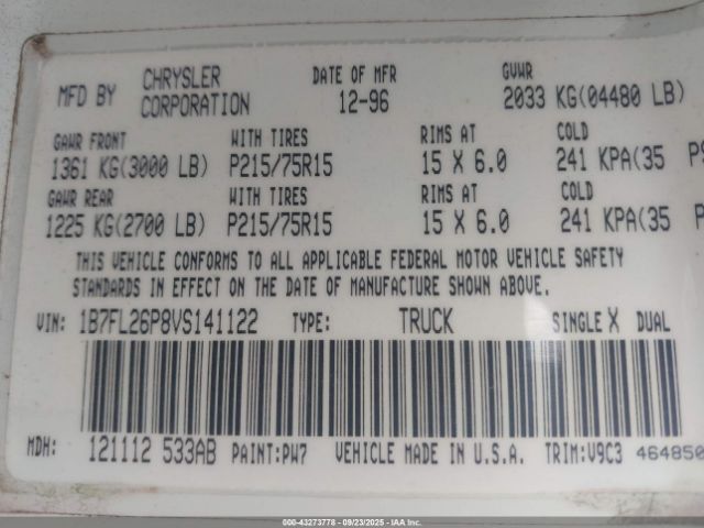 1997 DODGE DAKOTA 1B7FL26P8VS141122 Photo 8