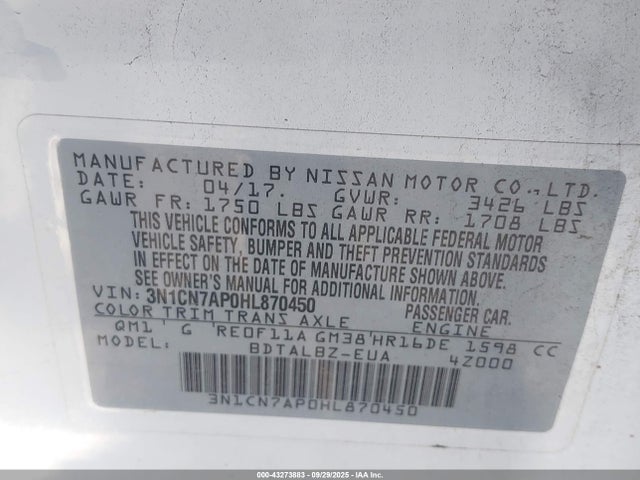 3N1CN7AP0HL870450 Nissan Versa