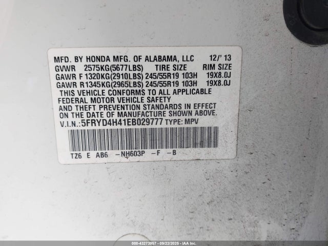Acura j35y5 2014 5FRYD4H41EB029777 Image 9
