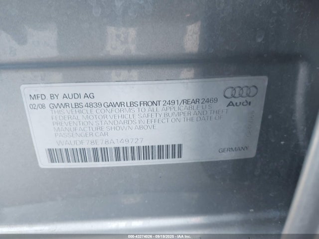 Продажа на аукционе авто 2008 Audi A4 2.0t/2.0t Special Edition, vin: WAUDF78E78A149727, номер лота: 43274026