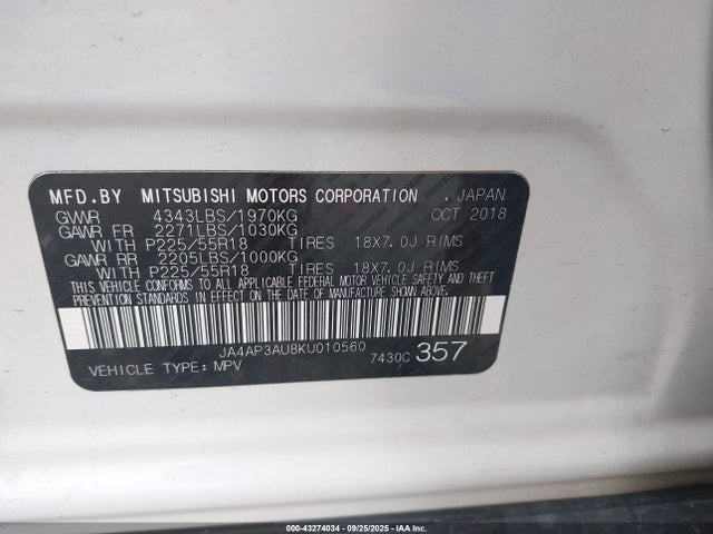 2019 Mitsubishi Outlander Sport 2.0 Le მანქანა იყიდება აუქციონზე, vin: JA4AP3AU8KU010560, აუქციონის ნომერი: 43274034