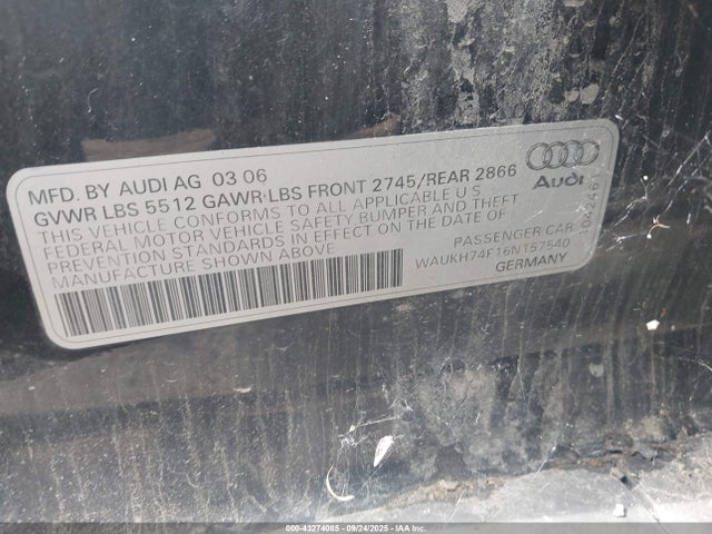 2006 AUDI A6 WAUKH74F16N157540 Photo 8
