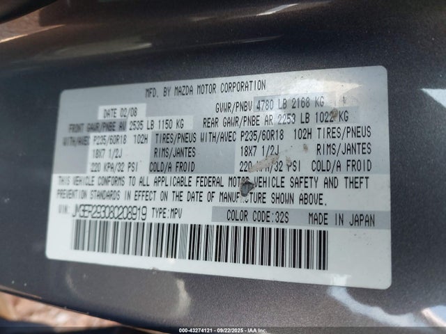 43274121 :رقم المزاد ، JM3ER293080208919 vin ، 2008 Mazda Cx-7 Sport مزاد بيع