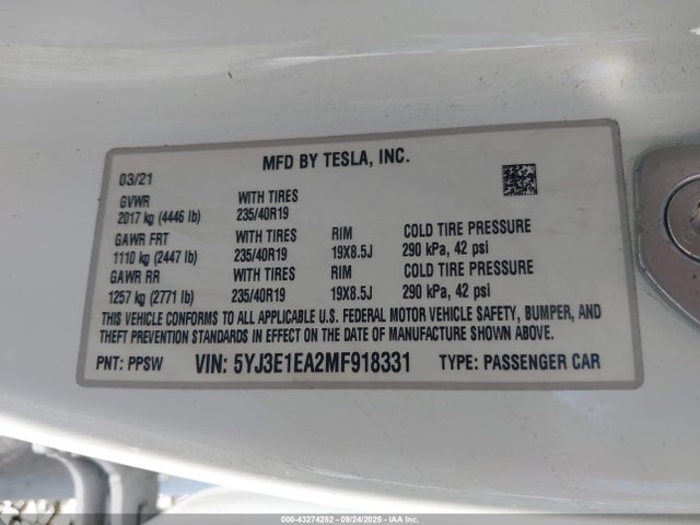 5YJ3E1EA2MF918331 Tesla 2021