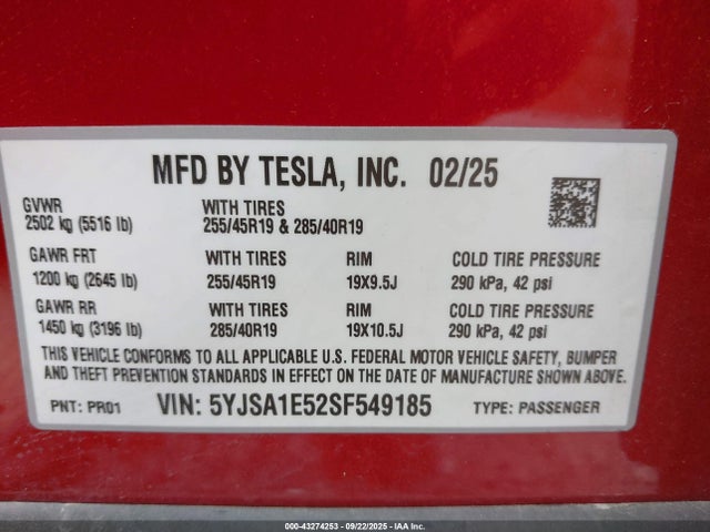 2025 TESLA MODEL S 5YJSA1E52SF549185 Photo 8