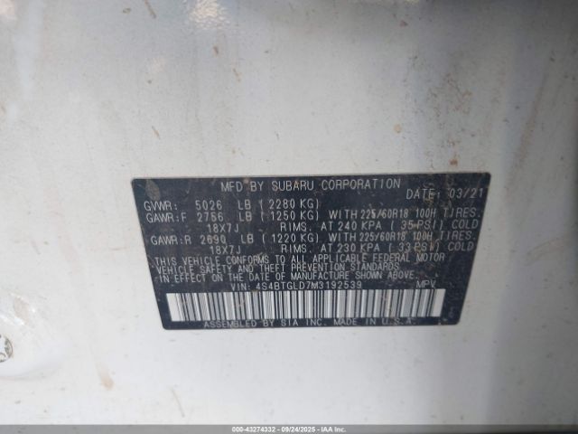 2021 SUBARU OUTBACK 4S4BTGLD7M3192539 Photo 8