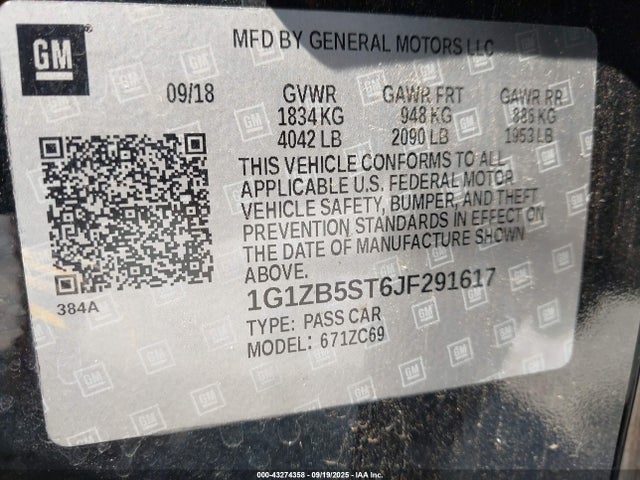 1G1ZB5ST6JF291617 Chevrolet lfv - direct injection, variable valve timing, gen 1
