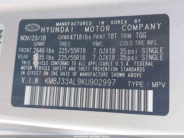 KM8J33AL9KU902997 Hyundai gdi theta ii