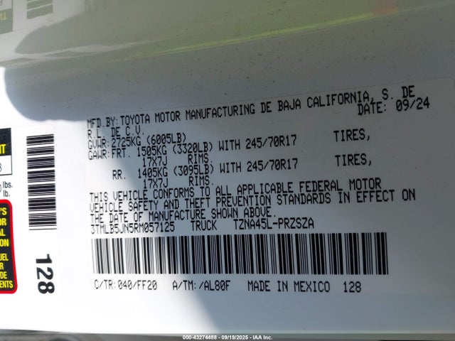 Aukcja sprzedaży 2024 Toyota Tacoma Sr5 4wd, vin: 3TMLB5JN5RM057125, numer aukcji: 43274488
