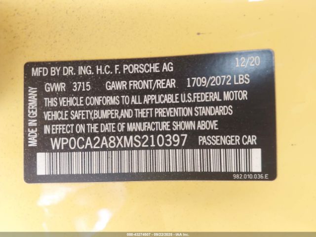 2021 PORSCHE 718 BOXSTER WP0CA2A8XMS210397 Photo 8