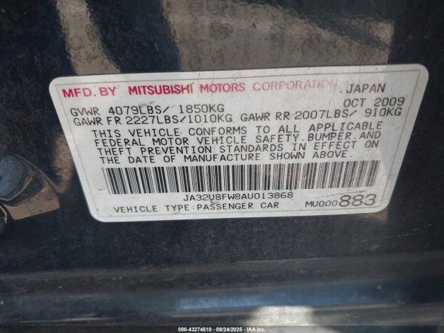 43274510 :رقم المزاد ، JA32U8FW8AU013868 vin ، 2010 Mitsubishi Lancer Gts مزاد بيع