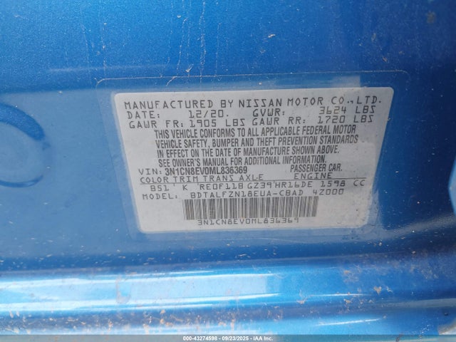 Aukcja sprzedaży 2021 Nissan Versa Sv Xtronic Cvt, vin: 3N1CN8EV0ML836369, numer aukcji: 43274598