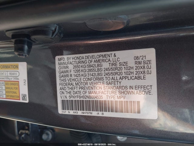 Продаж на аукціоні авто 2022 Honda Pilot Awd Touring 8 Passenger, vin: 5FNYF6H92NB004535, номер лоту: 43274619