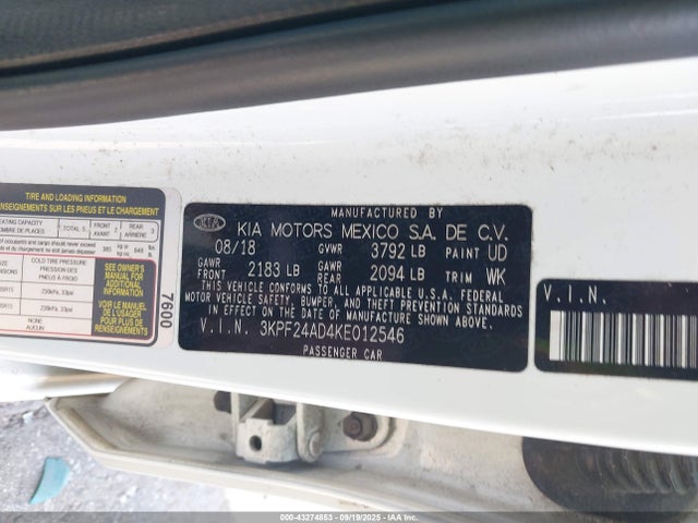 Aukcja sprzedaży 2019 Kia Forte Fe, vin: 3KPF24AD4KE012546, numer aukcji: 43274853