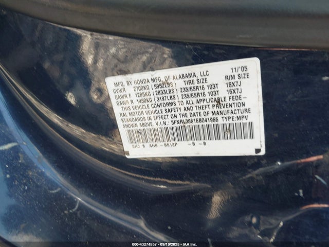 43274857 :رقم المزاد ، 5FNRL38616B041966 vin ، 2006 Honda Odyssey Ex-l مزاد بيع