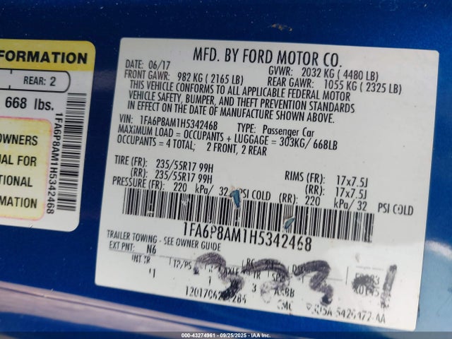 Ford 3.7l 4v 2017 1FA6P8AM1H5342468 Image 9