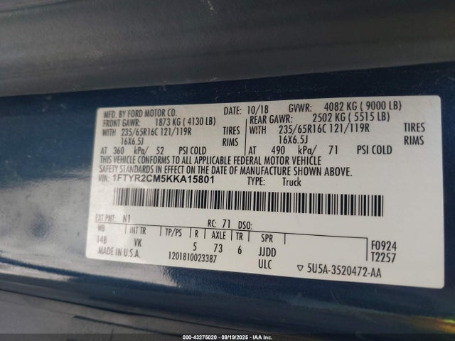 Ford Transit 2019 1FTYR2CM5KKA15801 Image 9