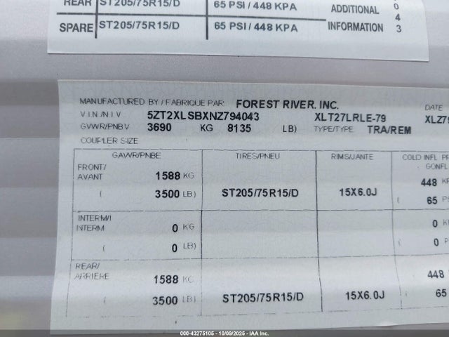 5ZT2XLSBXNZ794043 Forest River 27lrle1
