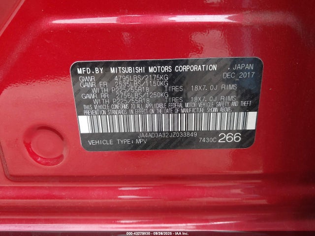 Aukcja sprzedaży 2018 Mitsubishi Outlander Le, vin: JA4AD3A32JZ033849, numer aukcji: 43275130