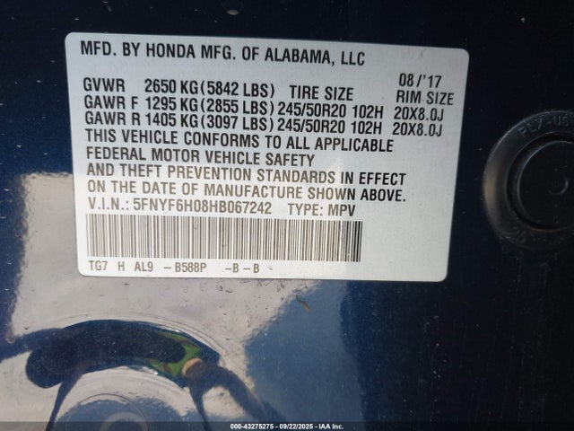 5FNYF6H08HB067242 Honda j35y6