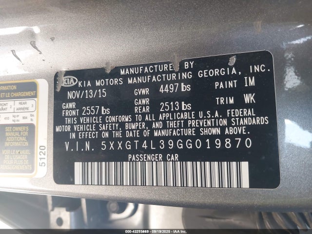 5XXGT4L39GG019870 KIA Optima Lx