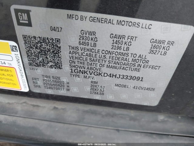 1GNKVGKD4HJ333091 Chevrolet llt - sidi: spark ignited direct injection, alum, 60 degrees
